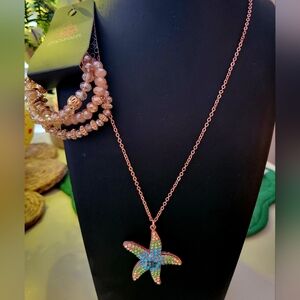 Rose Gold Starfish Pendant Necklace with Multicolor Crystals And Stretch Braclet